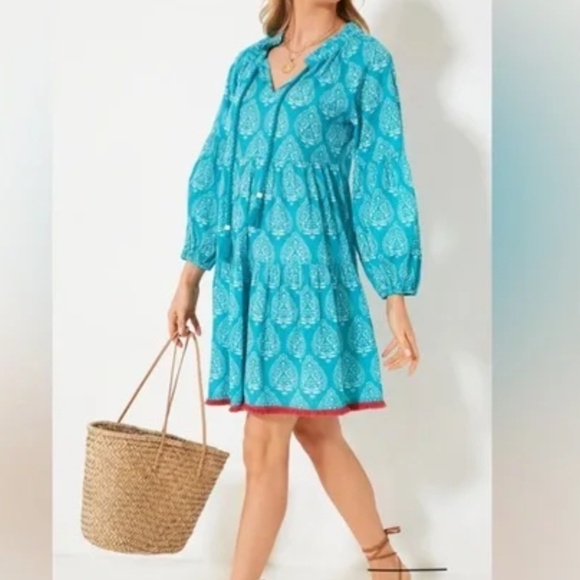 NWT Tuckernuck Tropical Teal Blue Lantern Caftan Cotton Dress M - Picture 2 of 8